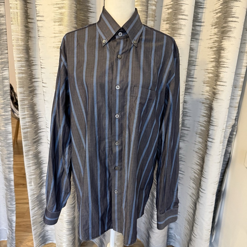 Ermenegildo Zegna Gray Blue Striped pattern Dress Shirt Regular Fit Sz L